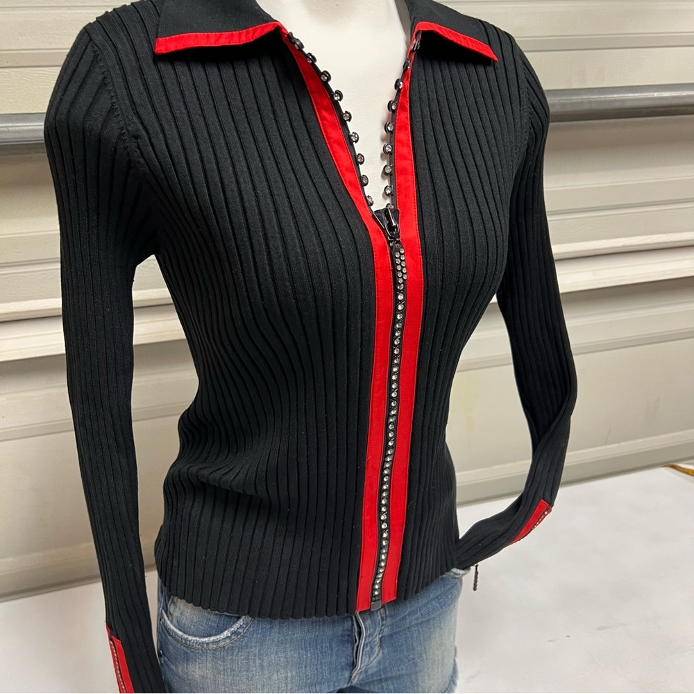 Belladini Ribbed Zip Cardigan in Black with Red
Trim Rhinestone Zipper Size L